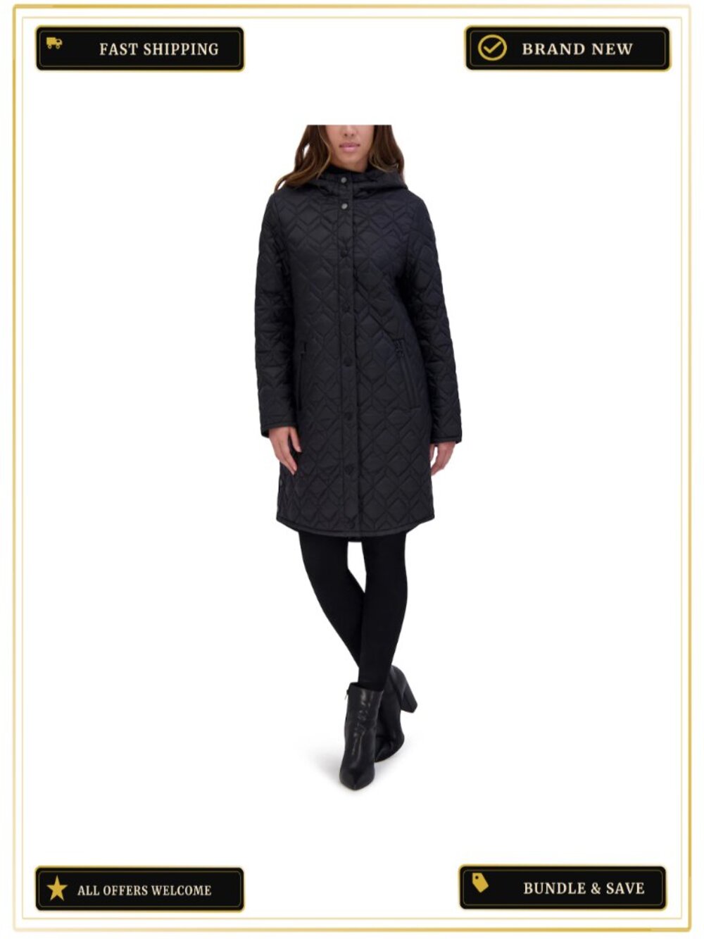 Diamond Quilted Parka Coat Zip Front Mid-Length